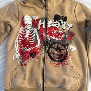 Tan Graphic Hoodie with Skeleton and Heart Design